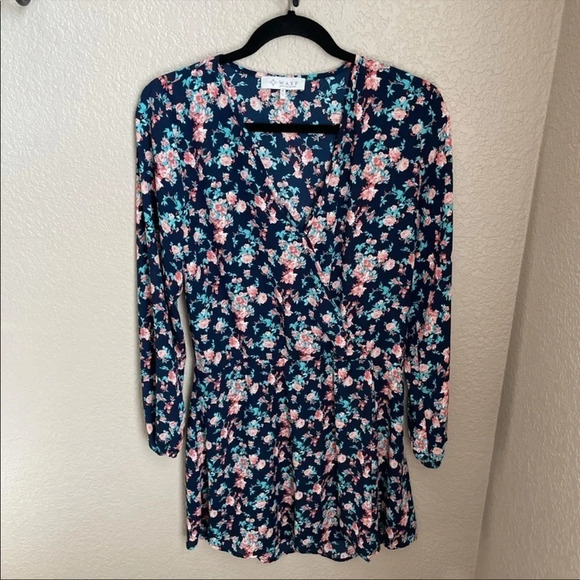 WAYF Navy Floral Faux Wrap Dress Long Sleeve Small - Picture 2 of 7
